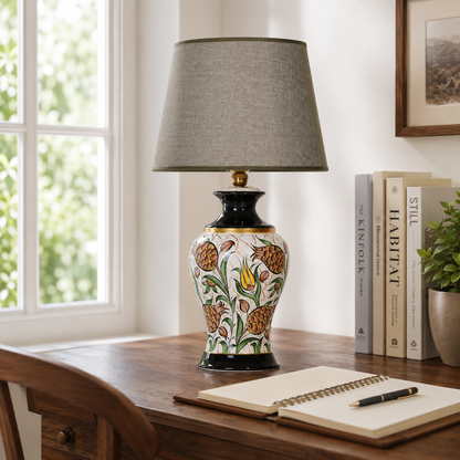 Floral Ceramic Table Lamp with Grey Shade, Hand-Painted Ginger Jar Lamp