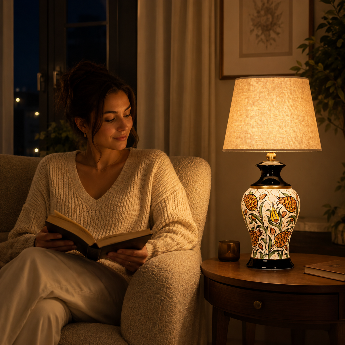 Floral Ceramic Table Lamp with Grey Shade, Hand-Painted Ginger Jar Lamp