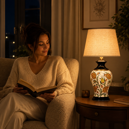 Floral Ceramic Table Lamp with Grey Shade, Hand-Painted Ginger Jar Lamp