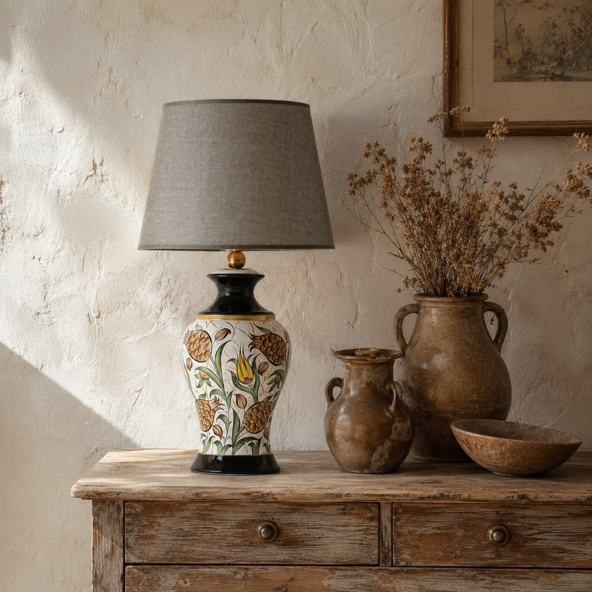 Floral Ceramic Table Lamp with Grey Shade, Hand-Painted Ginger Jar Lamp