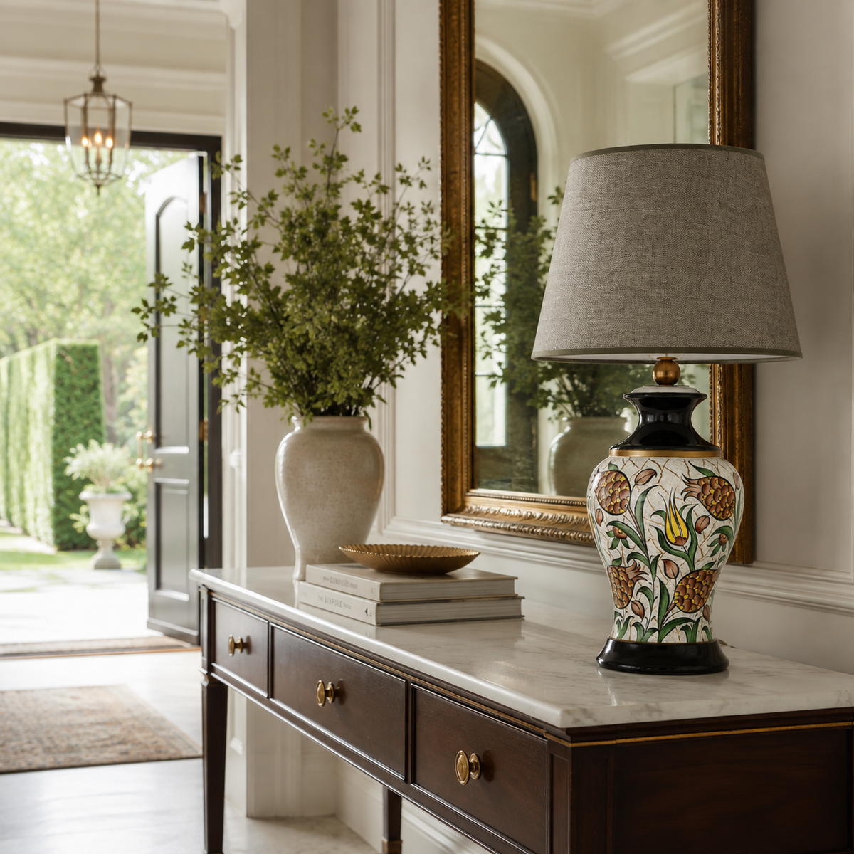 Floral Ceramic Table Lamp with Grey Shade, Hand-Painted Ginger Jar Lamp