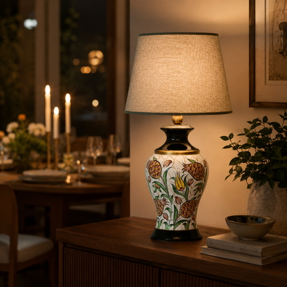 Floral Ceramic Table Lamp with Grey Shade, Hand-Painted Ginger Jar Lamp