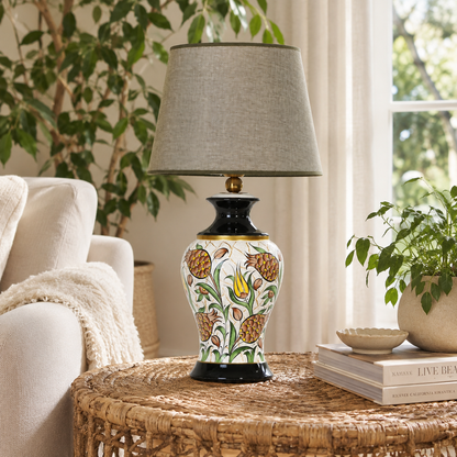 Floral Ceramic Table Lamp with Grey Shade, Hand-Painted Ginger Jar Lamp