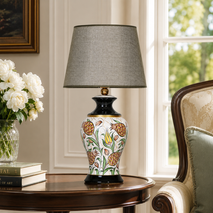 Floral Ceramic Table Lamp with Grey Shade, Hand-Painted Ginger Jar Lamp