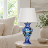 Blue Landscape Ceramic Table Lamp, Hand-Painted Lake Scene Urn Lamp