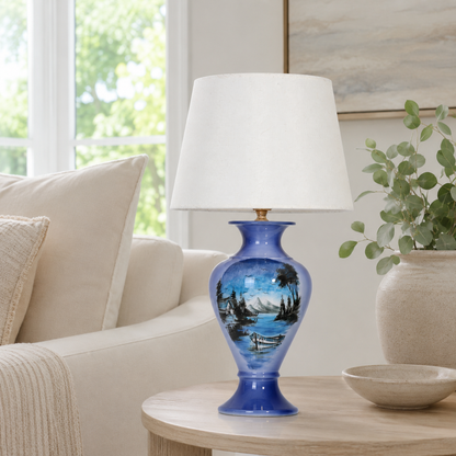 Blue Landscape Ceramic Table Lamp, Hand-Painted Lake Scene Urn Lamp