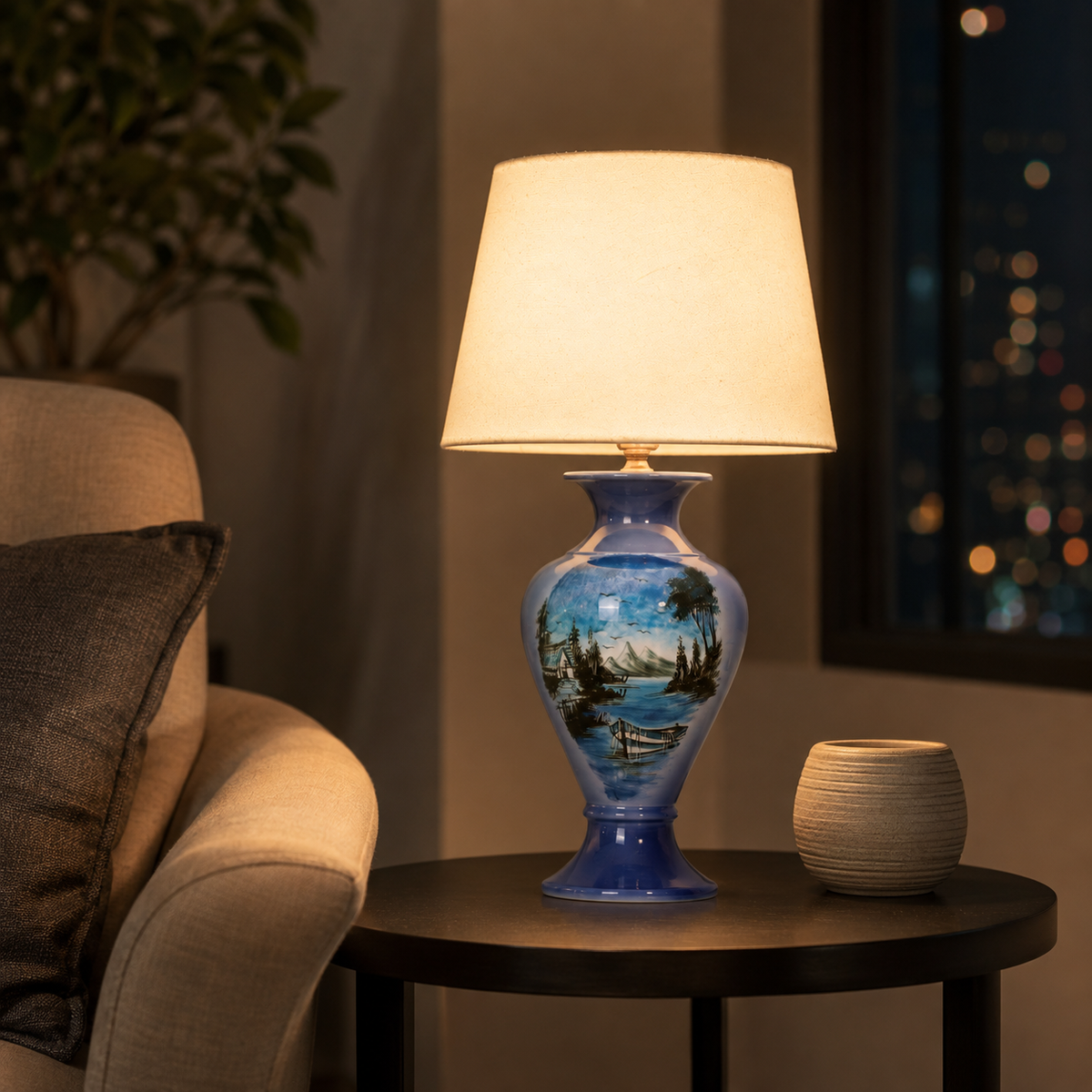 Blue Landscape Ceramic Table Lamp, Hand-Painted Lake Scene Urn Lamp