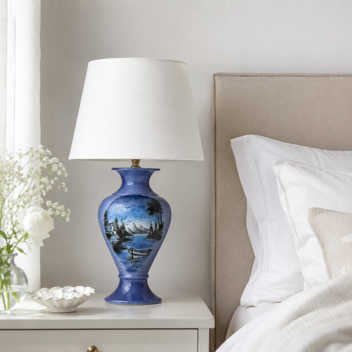 Blue Landscape Ceramic Table Lamp, Hand-Painted Lake Scene Urn Lamp
