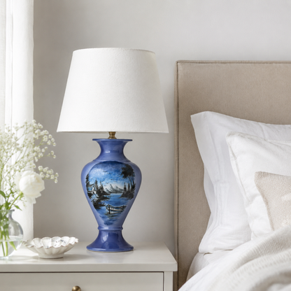 Blue Landscape Ceramic Table Lamp, Hand-Painted Lake Scene Urn Lamp