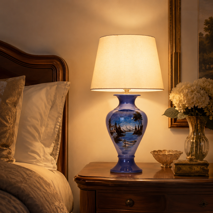 Blue Landscape Ceramic Table Lamp, Hand-Painted Lake Scene Urn Lamp