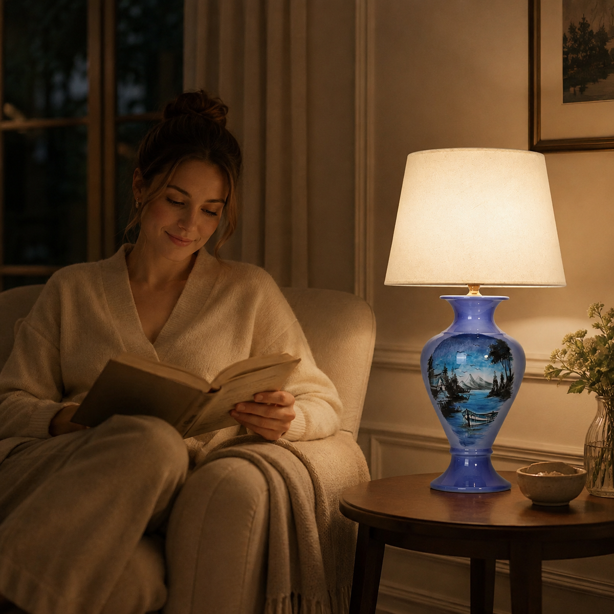 Blue Landscape Ceramic Table Lamp, Hand-Painted Lake Scene Urn Lamp