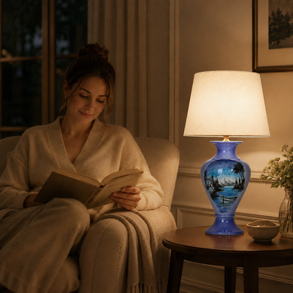 Blue Landscape Ceramic Table Lamp, Hand-Painted Lake Scene Urn Lamp