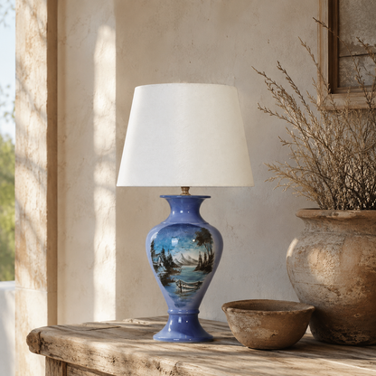 Blue Landscape Ceramic Table Lamp, Hand-Painted Lake Scene Urn Lamp