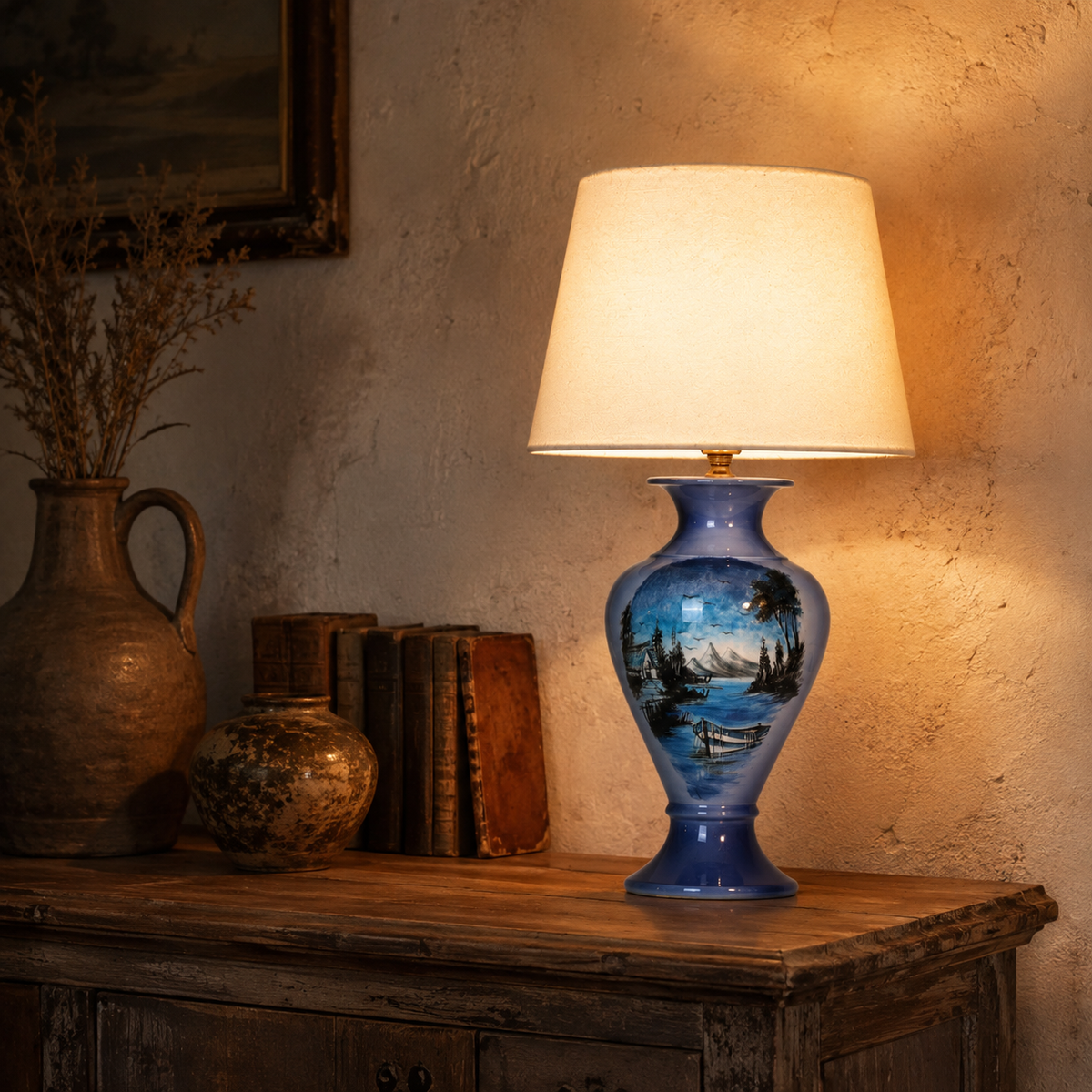 Blue Landscape Ceramic Table Lamp, Hand-Painted Lake Scene Urn Lamp