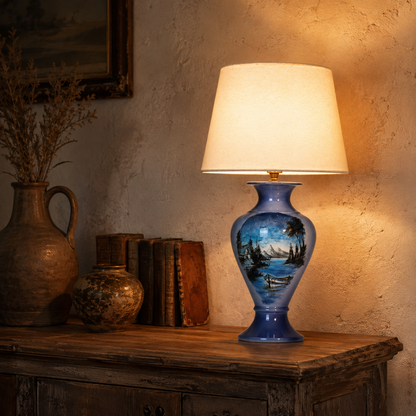 Blue Landscape Ceramic Table Lamp, Hand-Painted Lake Scene Urn Lamp