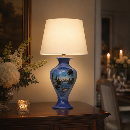 Blue Landscape Ceramic Table Lamp, Hand-Painted Lake Scene Urn Lamp