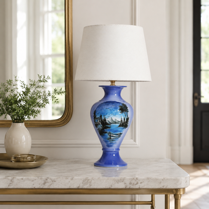 Blue Landscape Ceramic Table Lamp, Hand-Painted Lake Scene Urn Lamp