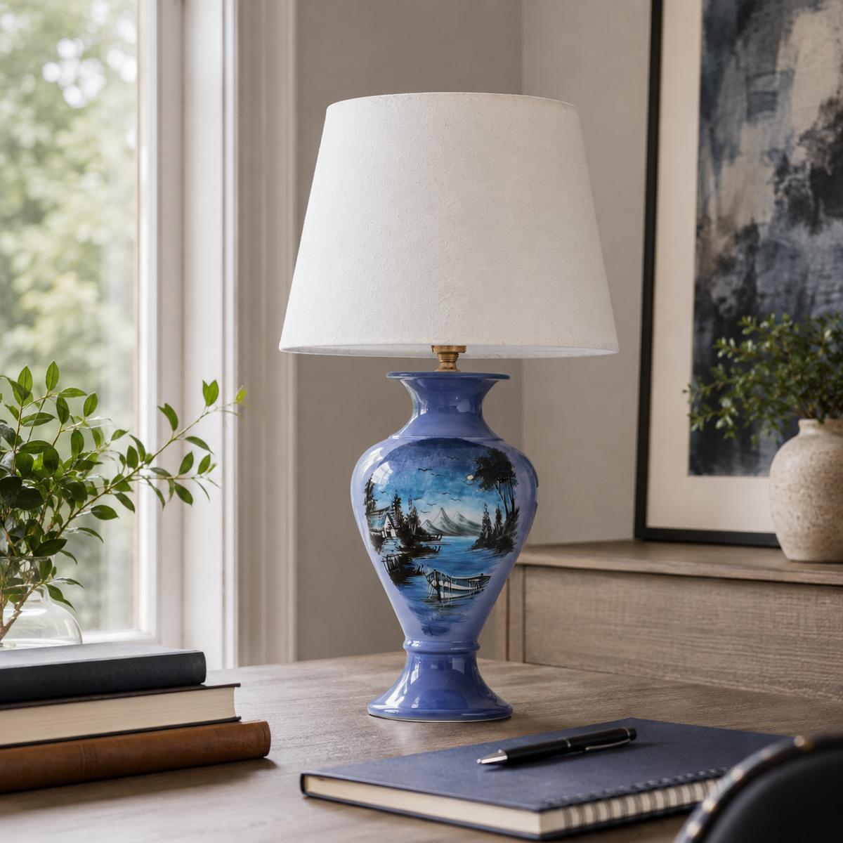 Blue Landscape Ceramic Table Lamp, Hand-Painted Lake Scene Urn Lamp