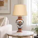 Orange & Black Folk Art Ceramic Table Lamp with Beige Shade, Urn Lamp