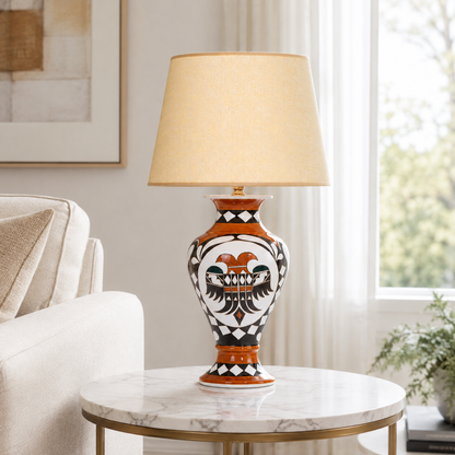Orange & Black Folk Art Ceramic Table Lamp with Beige Shade, Urn Lamp