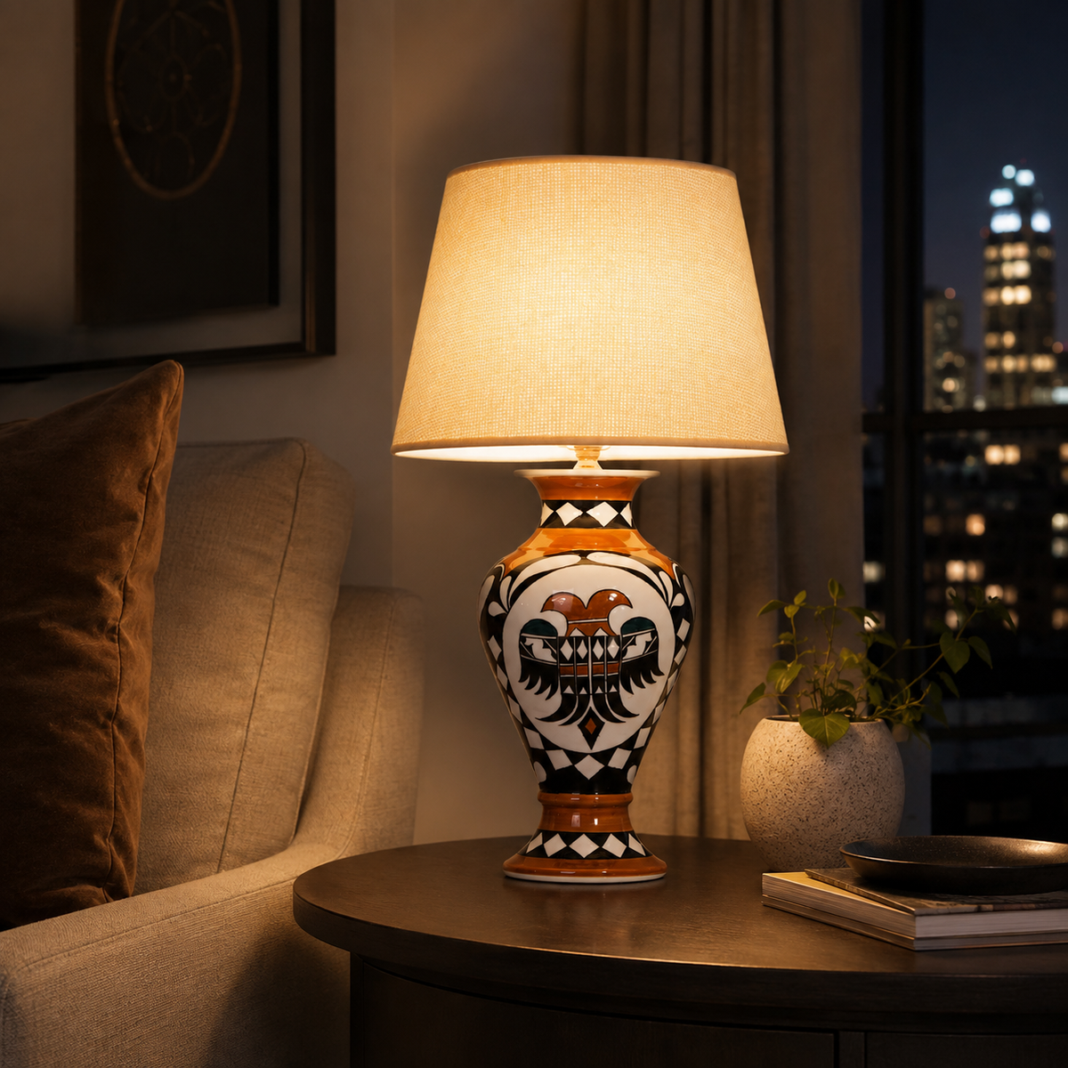 Orange & Black Folk Art Ceramic Table Lamp with Beige Shade, Urn Lamp