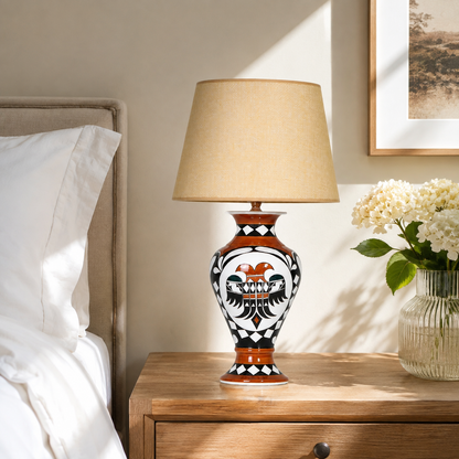 Orange & Black Folk Art Ceramic Table Lamp with Beige Shade, Urn Lamp
