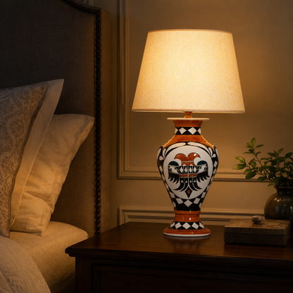 Orange & Black Folk Art Ceramic Table Lamp with Beige Shade, Urn Lamp