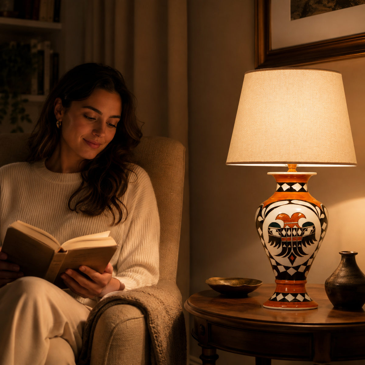 Orange & Black Folk Art Ceramic Table Lamp with Beige Shade, Urn Lamp