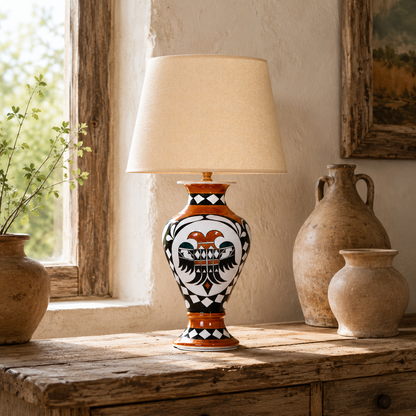 Orange & Black Folk Art Ceramic Table Lamp with Beige Shade, Urn Lamp