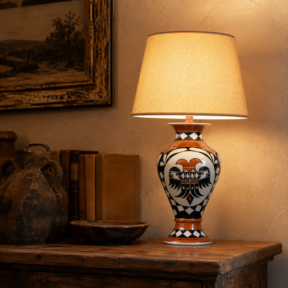 Orange & Black Folk Art Ceramic Table Lamp with Beige Shade, Urn Lamp
