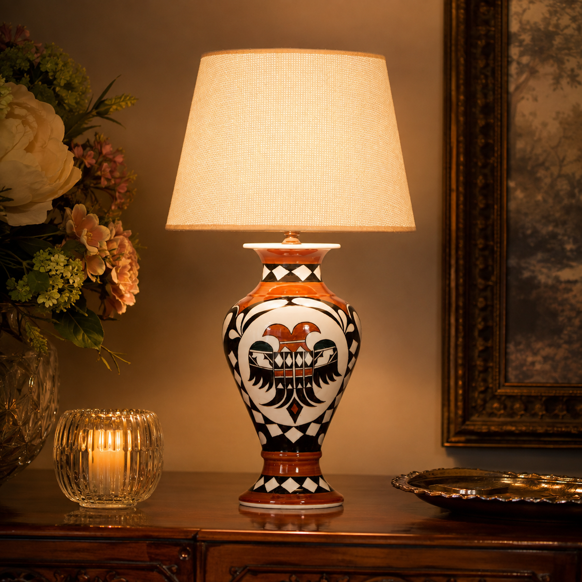 Orange & Black Folk Art Ceramic Table Lamp with Beige Shade, Urn Lamp