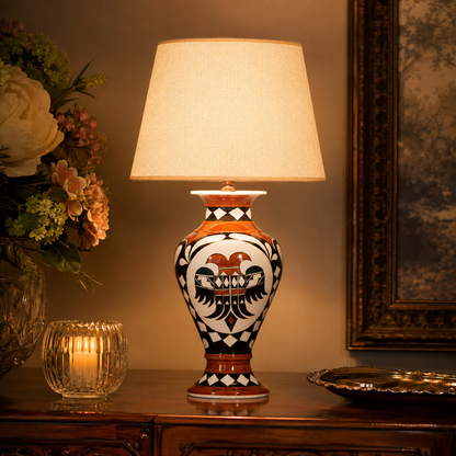 Orange & Black Folk Art Ceramic Table Lamp with Beige Shade, Urn Lamp