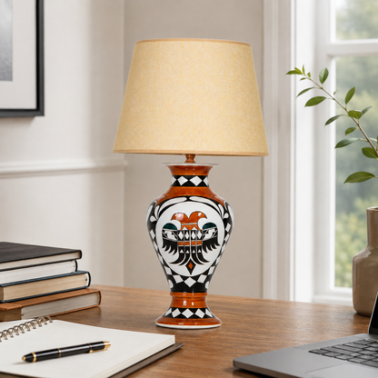 Orange & Black Folk Art Ceramic Table Lamp with Beige Shade, Urn Lamp