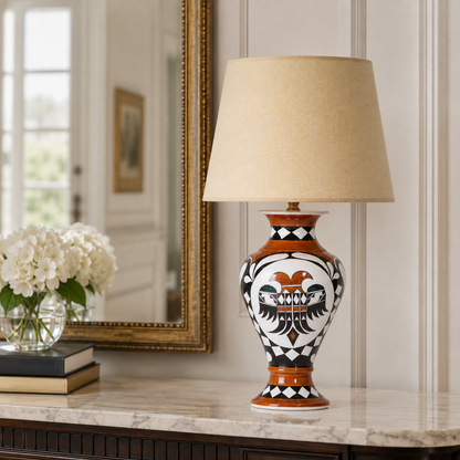 Orange & Black Folk Art Ceramic Table Lamp with Beige Shade, Urn Lamp