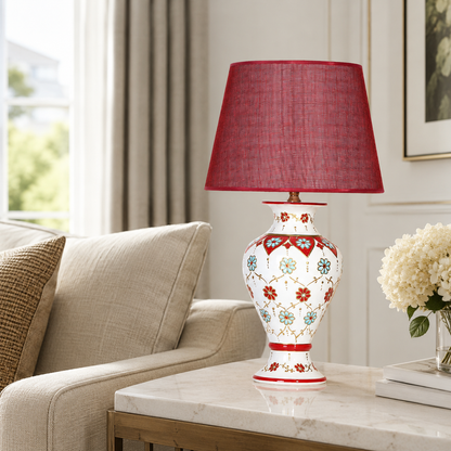 White Floral Ceramic Table Lamp with Red Shade, Hand-Painted Urn Lamp