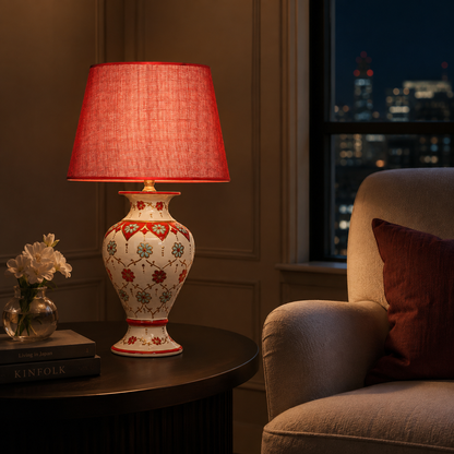 White Floral Ceramic Table Lamp with Red Shade, Hand-Painted Urn Lamp
