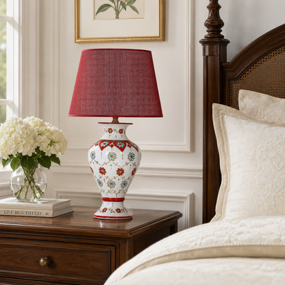 White Floral Ceramic Table Lamp with Red Shade, Hand-Painted Urn Lamp