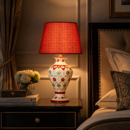 White Floral Ceramic Table Lamp with Red Shade, Hand-Painted Urn Lamp
