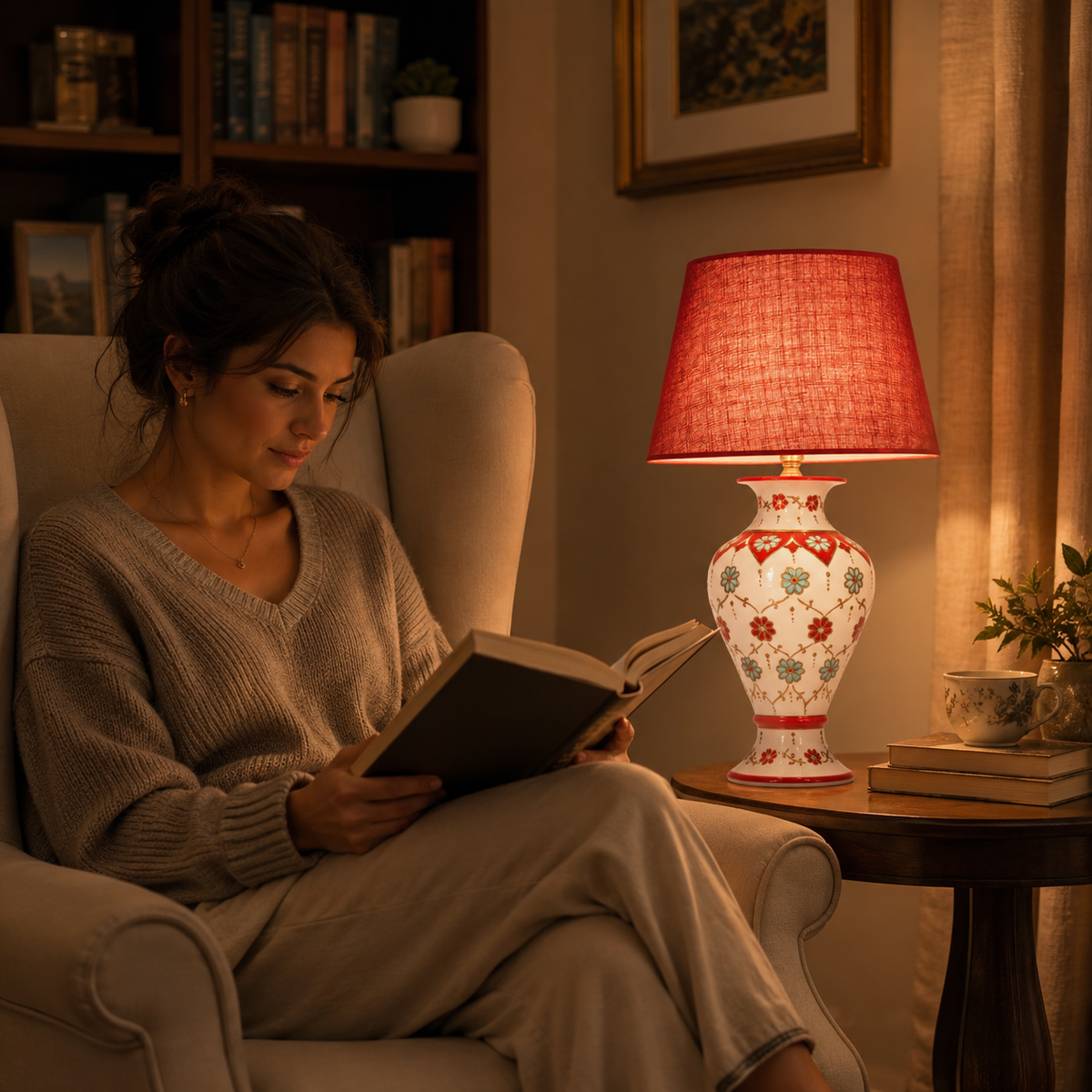 White Floral Ceramic Table Lamp with Red Shade, Hand-Painted Urn Lamp