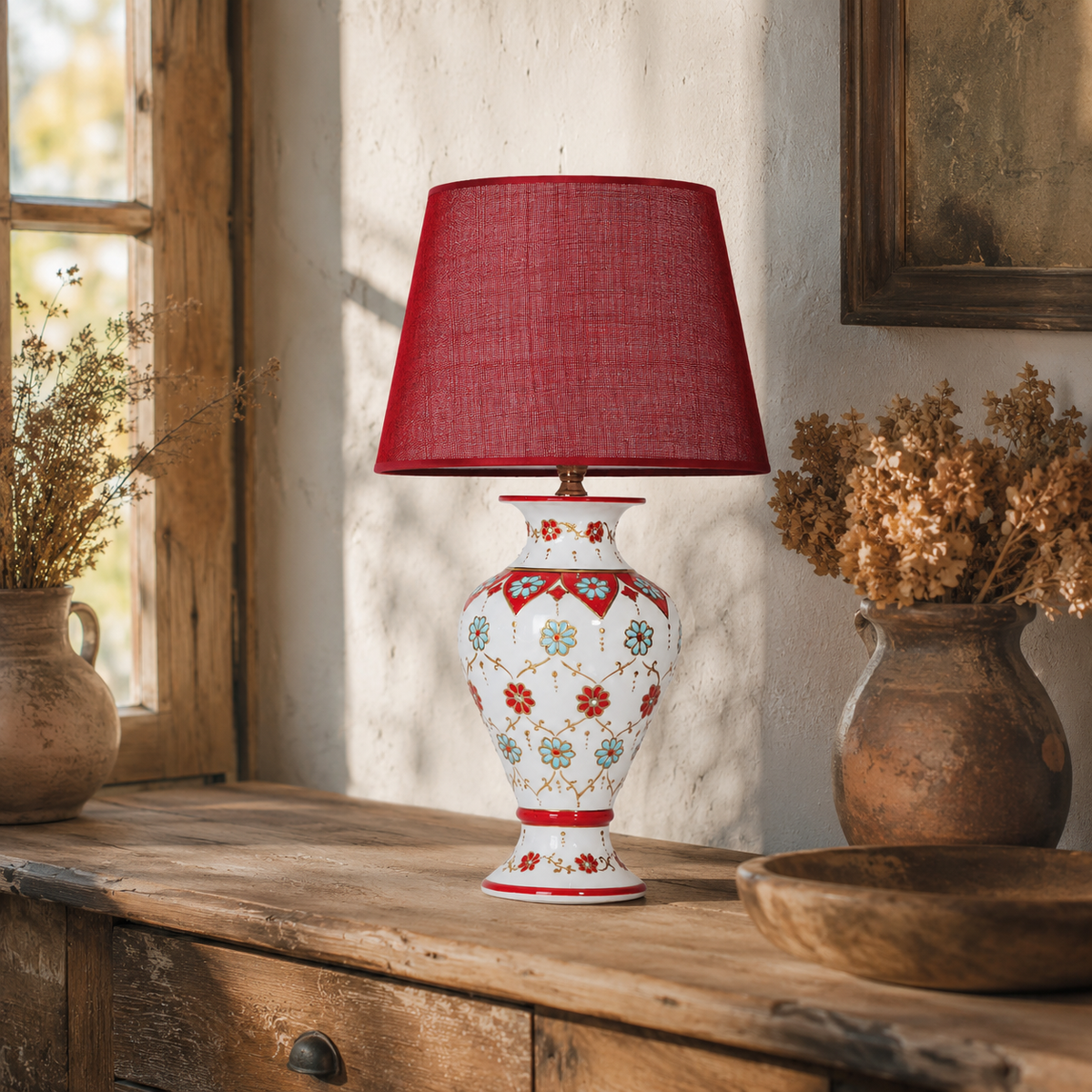 White Floral Ceramic Table Lamp with Red Shade, Hand-Painted Urn Lamp