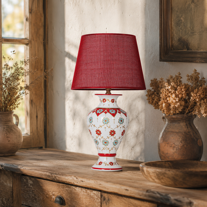 White Floral Ceramic Table Lamp with Red Shade, Hand-Painted Urn Lamp