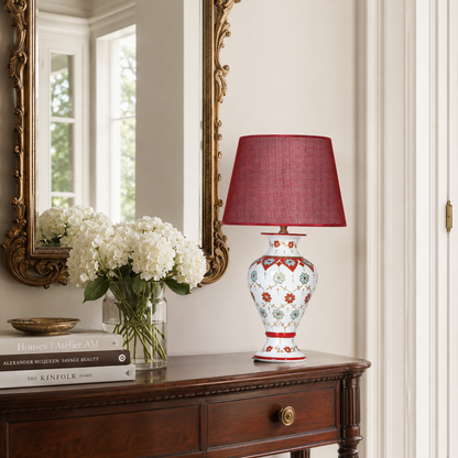White Floral Ceramic Table Lamp with Red Shade, Hand-Painted Urn Lamp