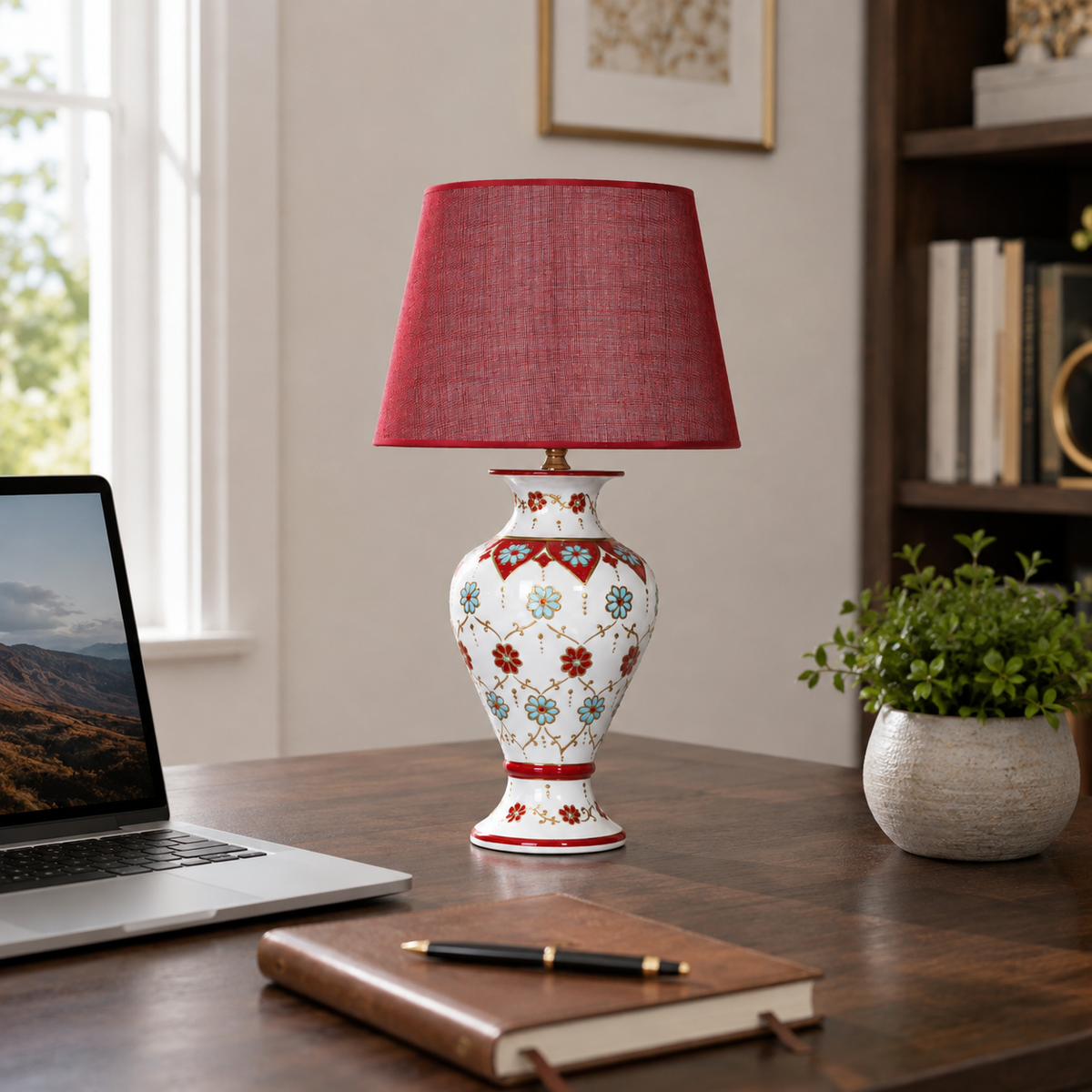 White Floral Ceramic Table Lamp with Red Shade, Hand-Painted Urn Lamp