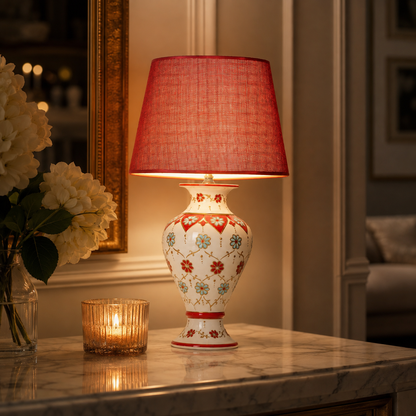 White Floral Ceramic Table Lamp with Red Shade, Hand-Painted Urn Lamp