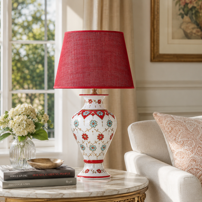 White Floral Ceramic Table Lamp with Red Shade, Hand-Painted Urn Lamp