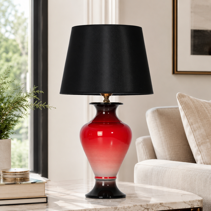 Red Ombre Ceramic Table Lamp with Black Shade, Glossy Urn Lamp