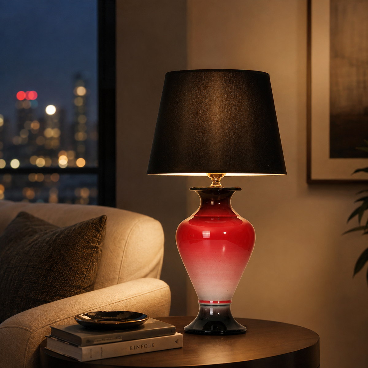 Red Ombre Ceramic Table Lamp with Black Shade, Glossy Urn Lamp