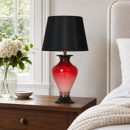 Red Ombre Ceramic Table Lamp with Black Shade, Glossy Urn Lamp
