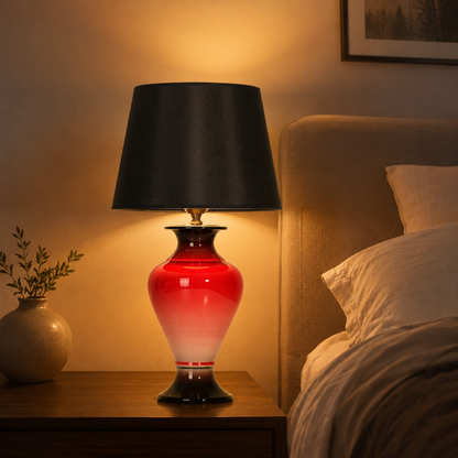 Red Ombre Ceramic Table Lamp with Black Shade, Glossy Urn Lamp