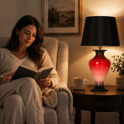 Red Ombre Ceramic Table Lamp with Black Shade, Glossy Urn Lamp